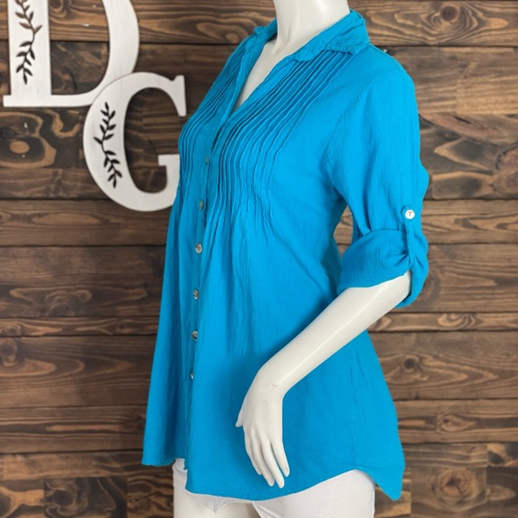 Dunes | Pleated Button Down Blouse Vibrant Blue Rounded Hem Split Collared Tunic - Picture 3 of 8